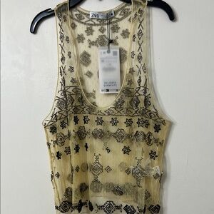 Zara Women's Beige and Black Embroidered Tank Top